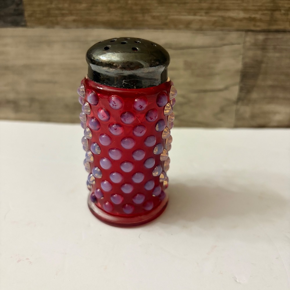 Vintage Fenton Cranberry Opalescent Hobnail Glass Salt Pepper Shaker Metal Lid